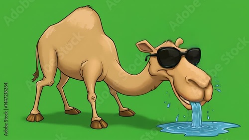 Cartoon camel drinking water humorous illustration cute animal image fun illustration for children
