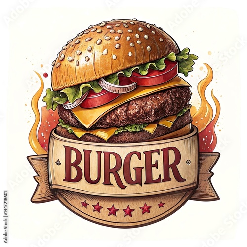 classic, hamburger, burger, food, restaurant, design, symbol, vector, illustration, logo, beef, sign, icon, isolated, sandwich, american, fast, cheeseburger, element, graphic, vintage, menu, cheese,