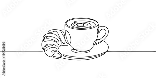One line coffee cup and croissant illustration