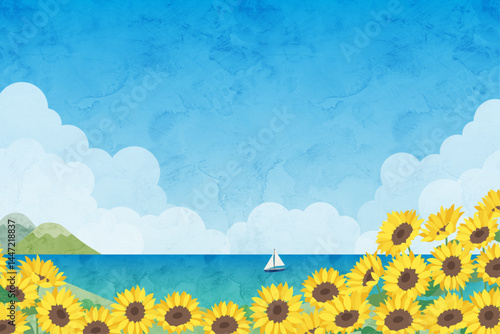 向日葵と夏の海の水彩風風景イラスト
