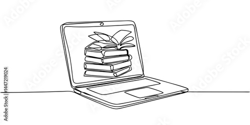 laptop with books, continuous line drawing clip art preview