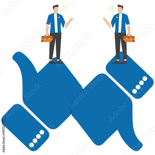 Customer feedback, thoughtful businessman team discussion thumbs up and thumbs down feedback.Conflict and argument between colleagues, controversy or difference opinion, disagree