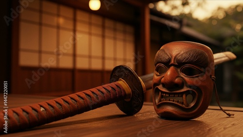 Samurai Sword and Noh Mask in Traditional Japanese Room