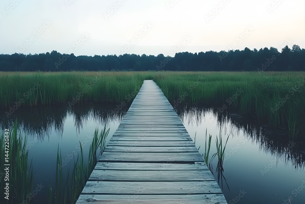 Naklejka premium Serene Wooden Boardwalk Leading Through Tranquil Marsh Landscape at Dusk