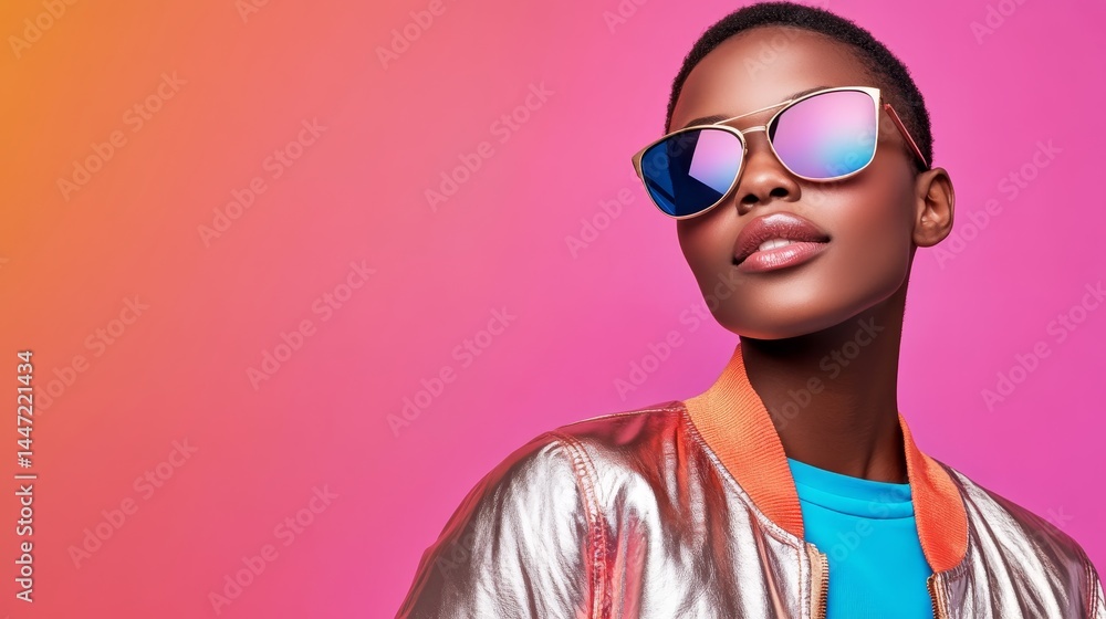 Confident person models a reflective metallic jacket paired with bold sunglasses, creating a striking look against a colorful backdrop with clear copy space Confident person models a reflective metallic jacket paired with bold sunglasses, creating a striking look against a colorful backdrop with clear copy space