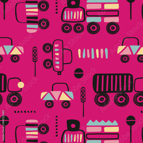 Seamless pattern with hand drawn cute car. Cartoon cars, road sign, zebra crossing vector illustration. Perfect for kids fabric, textile, nursery wallpaper
