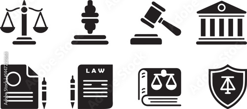 A vector silhouette style icon set of legal and law concepts