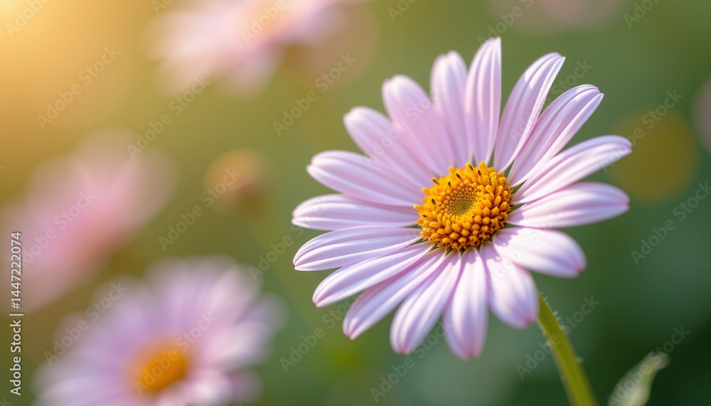 Blooming daisy flower in focus with soft pink petals and bright yellow center glowing warmly in natural sunlight Blooming daisy flower in focus with soft pink petals and bright yellow center glowing warmly in natural sunlight