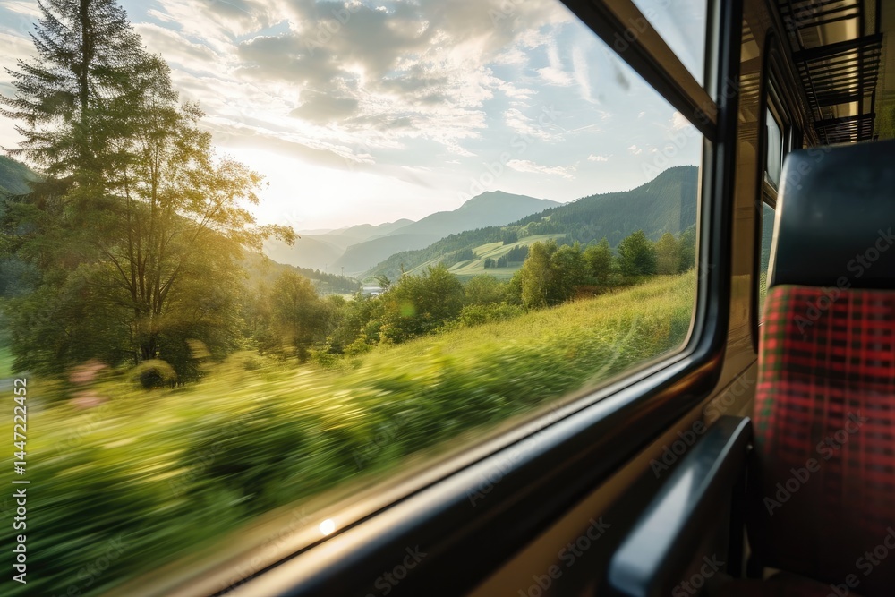Obraz premium A view from the window of a rushing intercity train on green fields and mountains flying by. Traveling in an old deserted train carriage on a summer day.