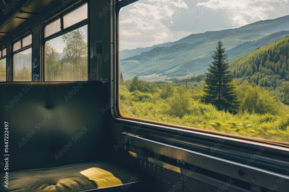 Fototapeta premium A view from the window of a rushing intercity train on green fields and mountains flying by. Traveling in an old deserted train carriage on a summer day.