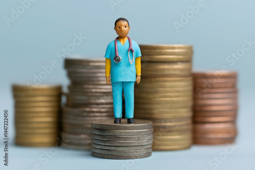 A small doctor figurine stands on stacked coins, with larger coin stacks blurred in the background, symbolizing healthcare costs and financial concerns in medicine.