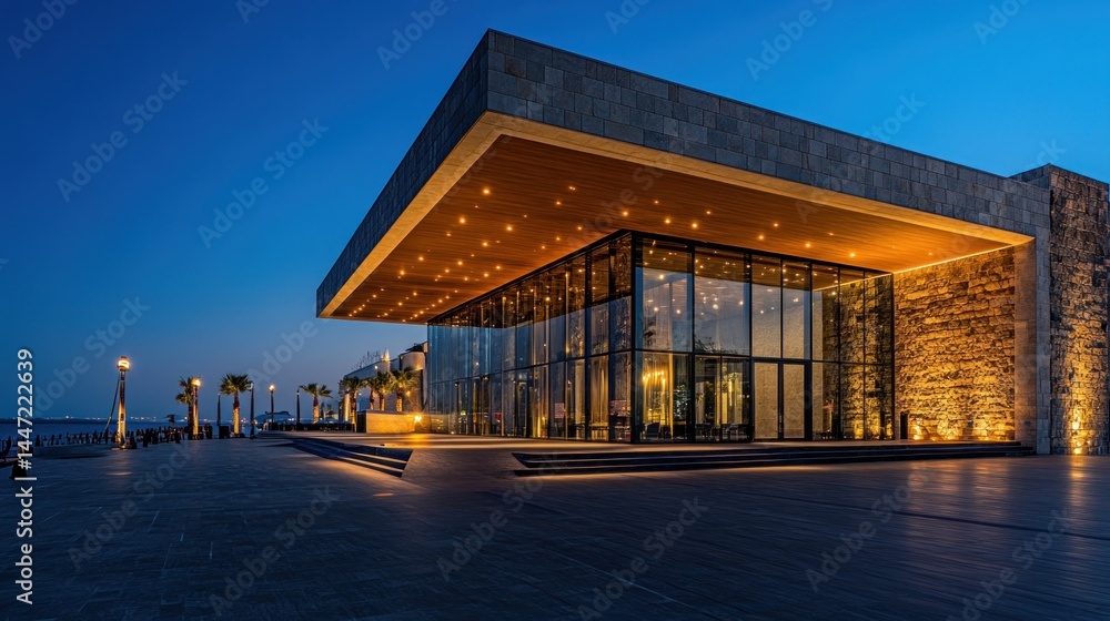 Fototapeta premium Illuminated modern building at twilight