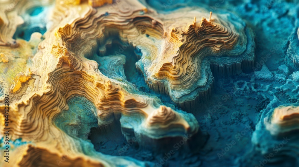 Naklejka premium Abstract topographic map art; textured, layered, colorful landscape.