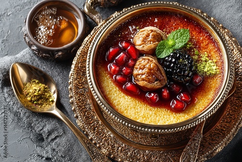 Top view of Ashure Dessert, also known as Anusabur, in a metal bowl against a grey backdrop. Generative Ai