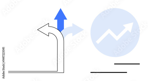 Curved arrows indicating decisions and direction shifts, paired with an upward graph arrow. Ideal for growth, decision-making, progress, strategy, success, opportunities change. Flat simple metaphor