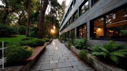 Modern Office Building with Large Windows Surrounded by Lush Green Garden at Sunset