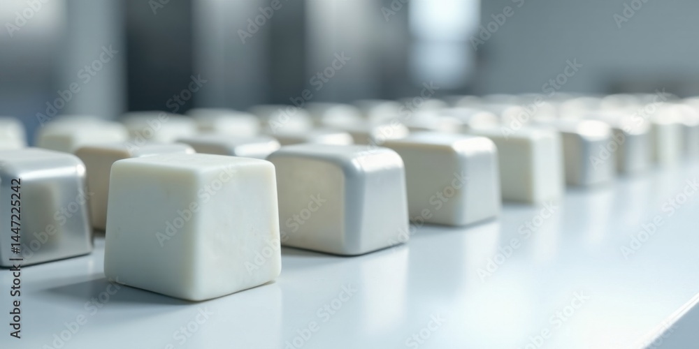 Fototapeta premium A Row of Smooth, White Cubes on a Reflective Surface, Representing Minimalist Design and Clean Aesthetics