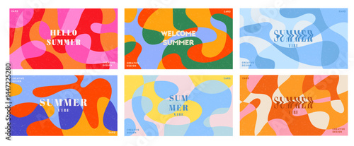 Summer bright illustrations set for poster, card, cover, label, banner in modern minimalist style with overlay effect. Modern and simple summer design templates. Vector stock graphic