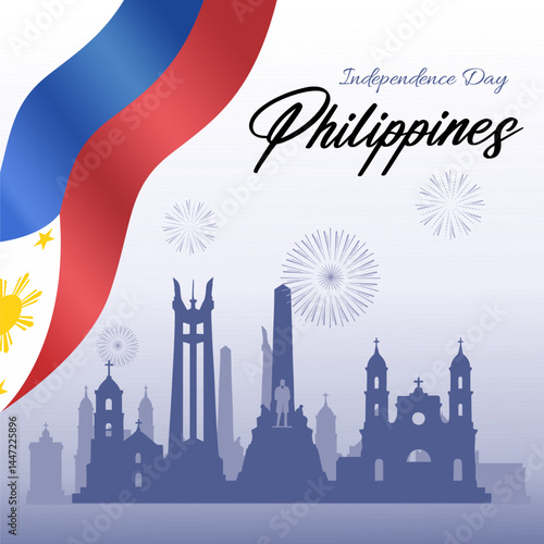 Philippines Independence Day Background  with skyline silhouette including Rizal Monument, Quezon Memorial Shrine, and historic churches. vector illustration.