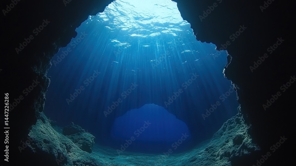 Obraz premium Sunlight streams into a deep underwater cave.