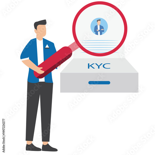 KYC or know your customer with business verifying the identity of its client's concept at the partners-to-be through a magnifying glass Idea of business identification and finance safety