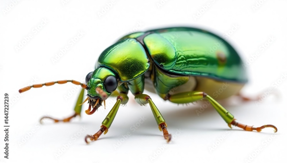 Naklejka premium Magnified image of green beetle isolated on white, texture, nature, bright