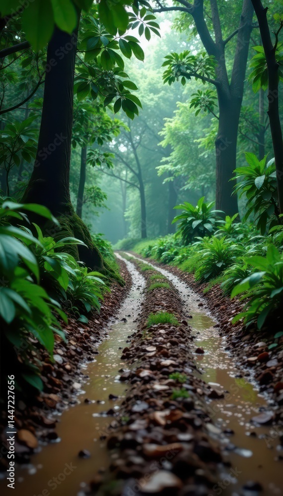 Naklejka premium Rain-slicked dirt road winds through lush rainforest , exploration, dirt road, texture