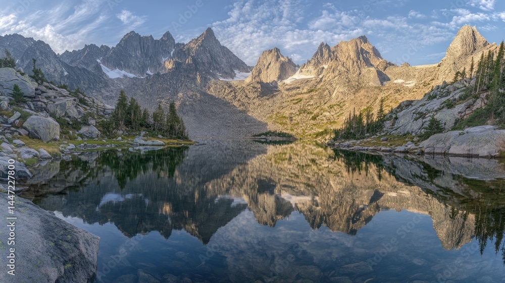 Jagged peaks mirroring in serene alpine lake Jagged peaks mirroring in serene alpine lake