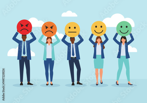 illustration of diverse employees with emoji faces expressing different emotions, symbolizing workplace communication, team dynamics, and emotional engagement in a collaborative environment.