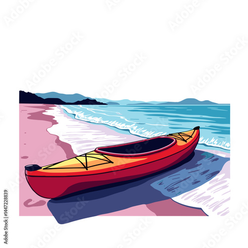 Vibrant kayak resting on sandy shore, bold self-expression