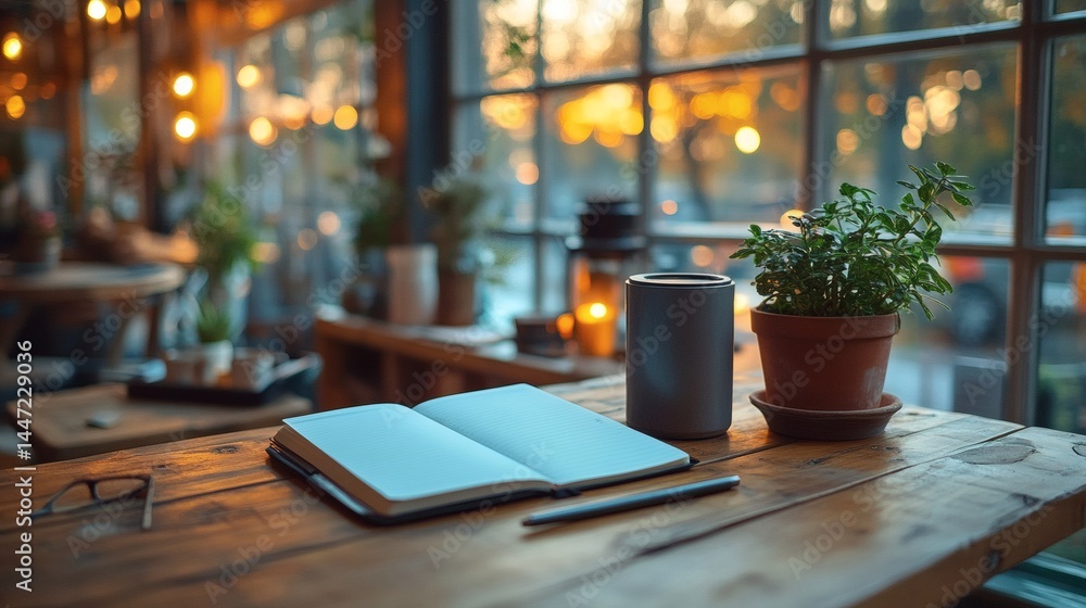 Open lined notebook, eyeglasses, container and a potted plant on rustic wooden desk, blurred window background, serene indoor scene on a transparent background, PNG image, PNG file. Open lined notebook, eyeglasses, container and a potted plant on rustic wooden desk, blurred window background, serene indoor scene on a transparent background, PNG image, PNG file.