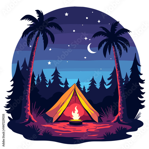 Vibrant camping scene under starry night sky, adventure and relaxation