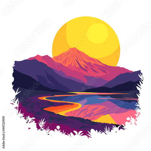 Surreal mountain landscape with vibrant sunset reflections, bold expression