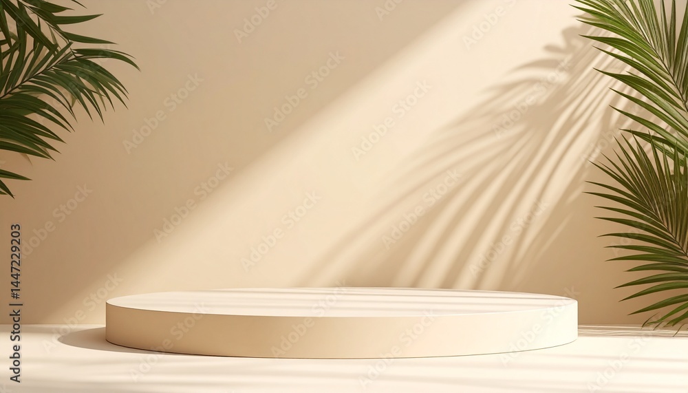 Minimalist podium with palm leaves and shadows for product display background Minimalist podium with palm leaves and shadows for product display background
