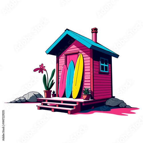 Vibrant beach hut with surfboards in pop art style, bold self-expression