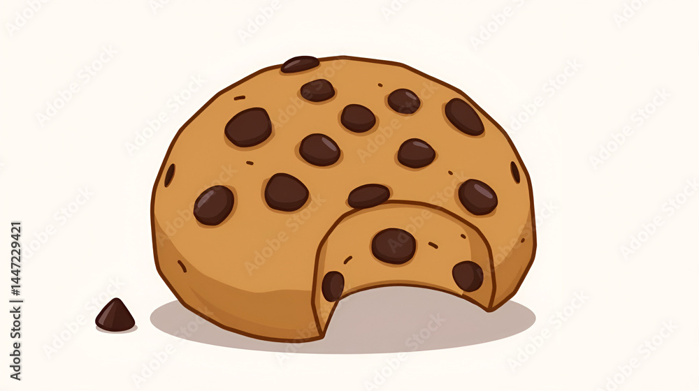 Fototapeta premium Animated brown cookie with a bite taken out and chocolate chips, perfect for bakery and dessert concepts, food blogs, and cooking recipe backgrounds