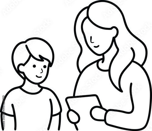 Kid using a tablet illustrated in continuous line art capturing digital interaction curiosity and modern childhood in a minimal creative outline style