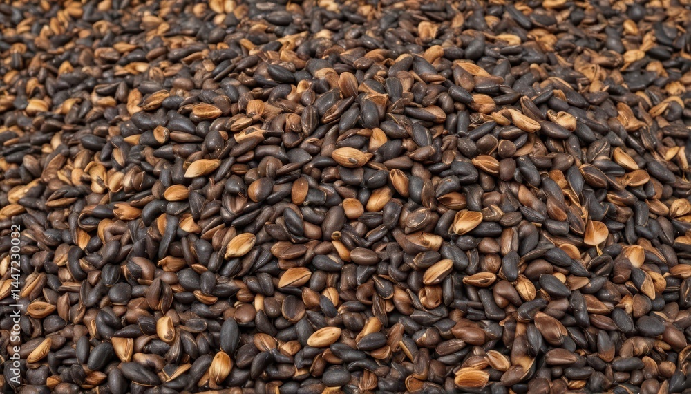 A mound of dark, speckled sunflower seeds in shells, isolated , close-up, black, mound A mound of dark, speckled sunflower seeds in shells, isolated , close-up, black, mound