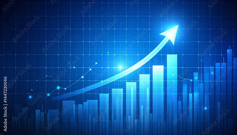 Financial growth chart with upward arrow on blue grid background design Financial growth chart with upward arrow on blue grid background design