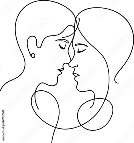 Elegant kissing couple in continuous line art representing passion tenderness and romantic unity through creative minimal strokes and artistic flow