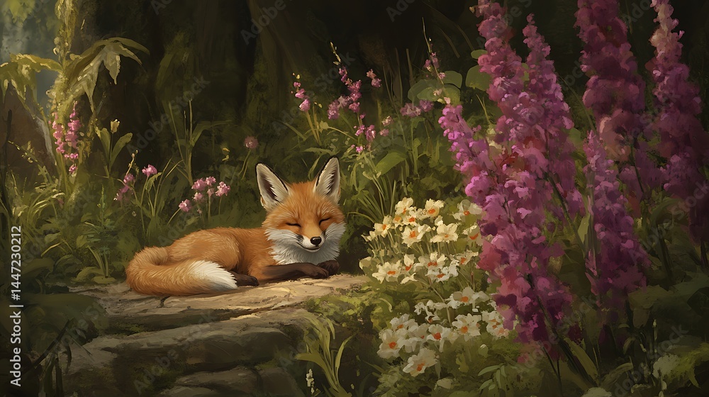 Fototapeta premium Fox relaxing in floral environment