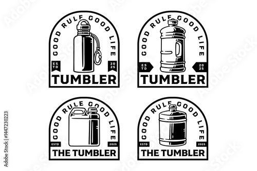 tumbler bottle camping badge logo design collection for adventure and outdoor. plastic canister, jerry can, thermos bottle emblem logo set. drinking place equipment illustration patch logo bundle