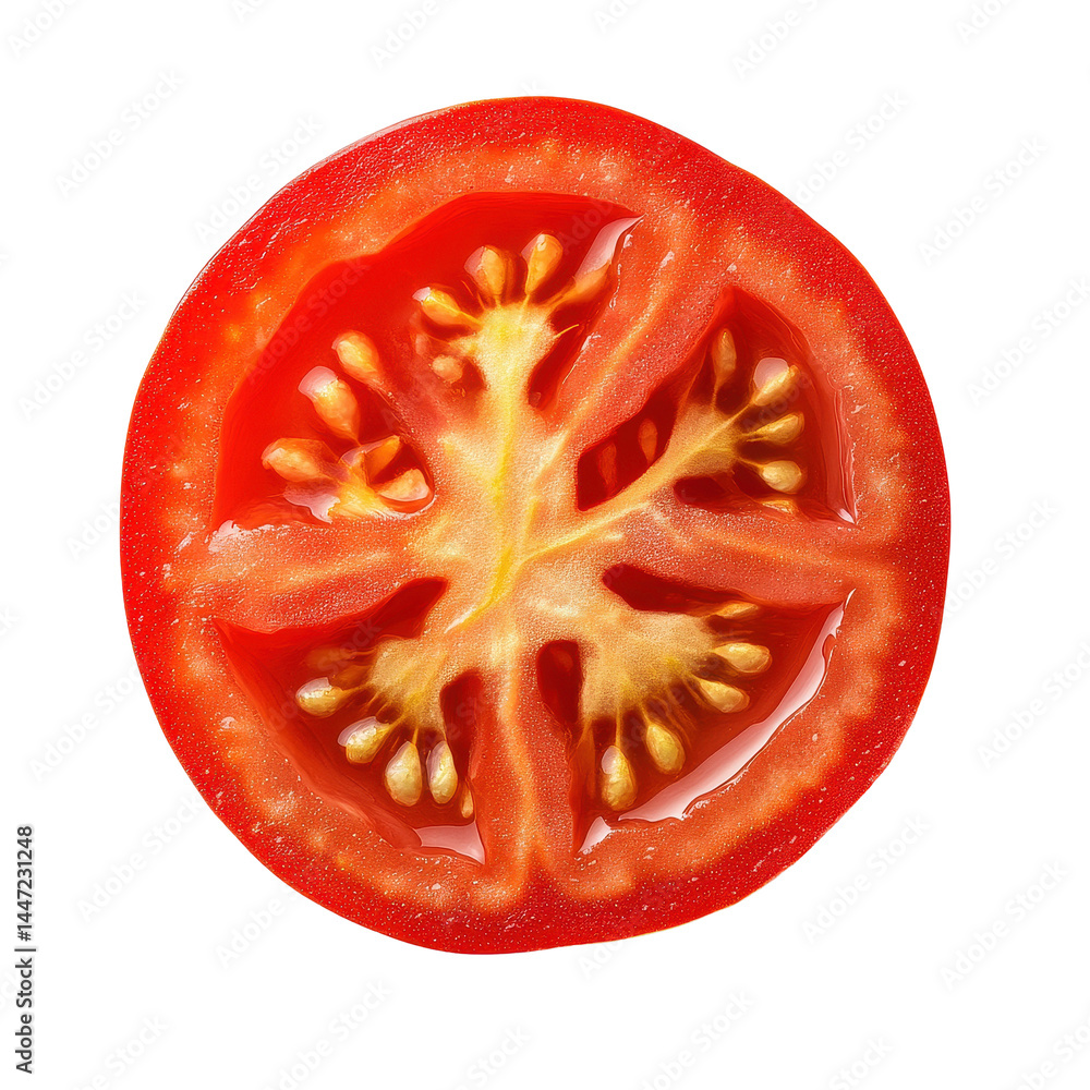 Freshly sliced tomato showcasing vibrant color and juicy texture on a clean Transparent background, Slice tomato isolated on PNG background Freshly sliced tomato showcasing vibrant color and juicy texture on a clean Transparent background, Slice tomato isolated on PNG background