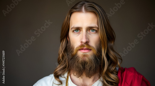 Portrait of a Man Dressed as Jesus. White robe. Long brown hair and beard. Man appears to be in his early 30s, and he has a serious expression on his face. Christian religion and faith. AI generated