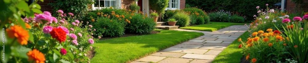 Obraz premium Charming English cottage garden blooms beside brown paving stones and lush green lawn , vintage, peaceful, wildflowers