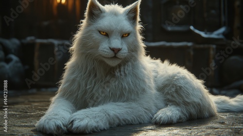 Wallpaper Mural Majestic albino feline with captivating golden eyes resting regally against a backdrop of dim lighting and subtle artistic shadows evoking curiosity Torontodigital.ca