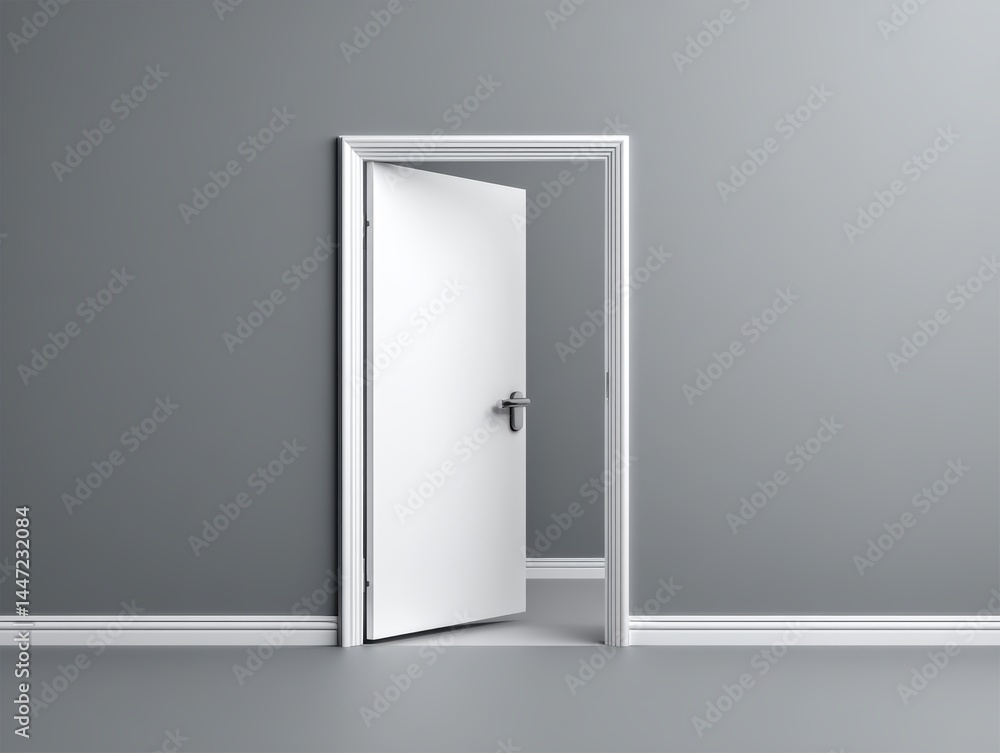 Modern white door, sleek handle, wide opening, bright room beyond - wide chic opening bright room Modern white door, sleek handle, wide opening, bright room beyond - wide chic opening bright room