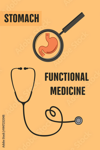 Stomach diagnostics in functional medicine with stethoscope and magnifier on yellow background.