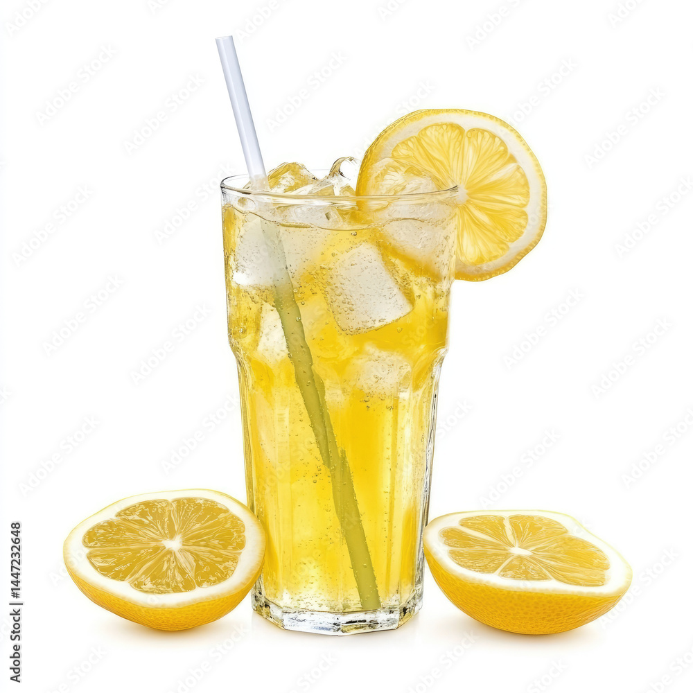 Refreshing iced lemon drink in tall glass. Clear glass filled with ice, golden-yellow liquid, and lemon slices. Straw included Refreshing iced lemon drink in tall glass. Clear glass filled with ice, golden-yellow liquid, and lemon slices. Straw included