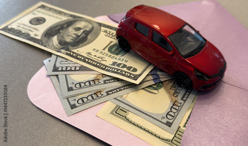 envelope with dollars banknotes and car isolated on white, transportation cost planning concept